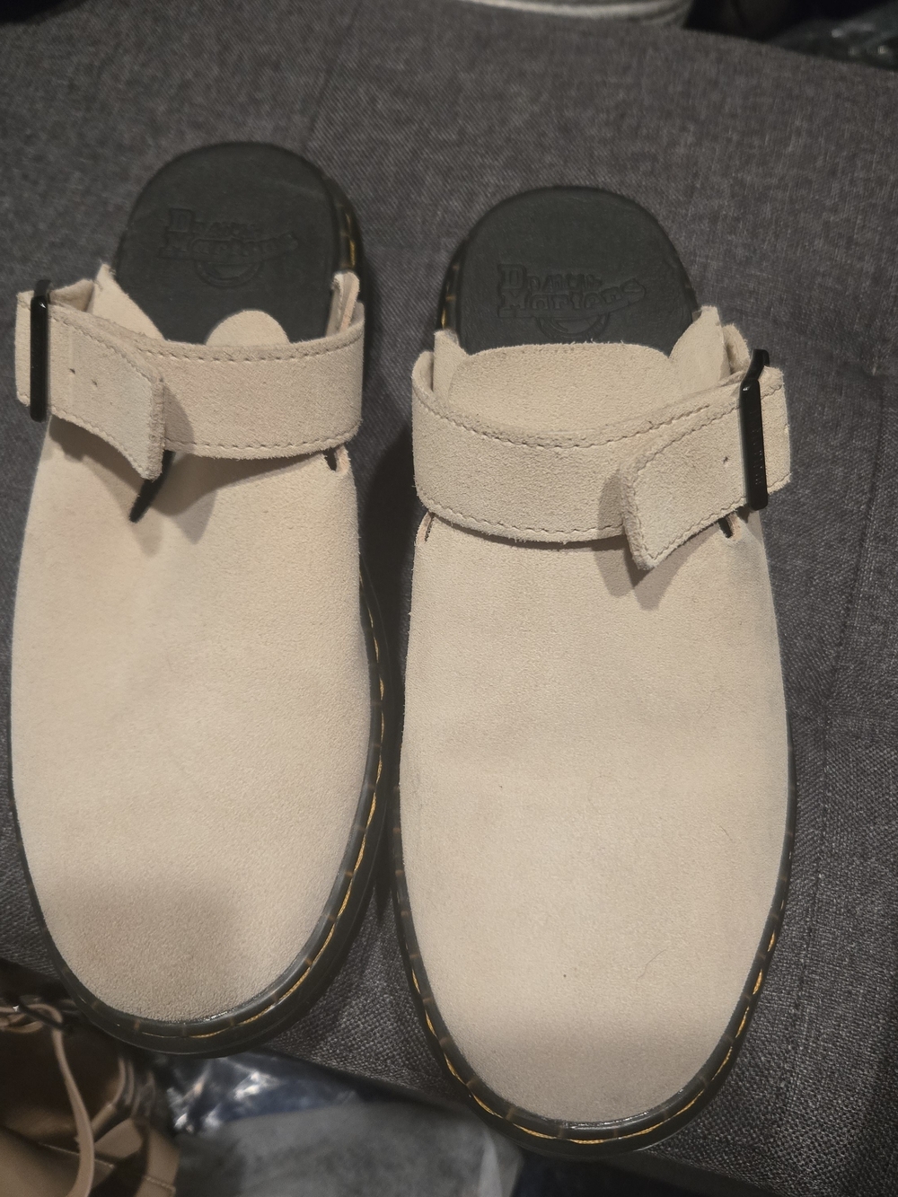 Dr. Martens Beige Suede Clog Slip-On with Buckle Strap